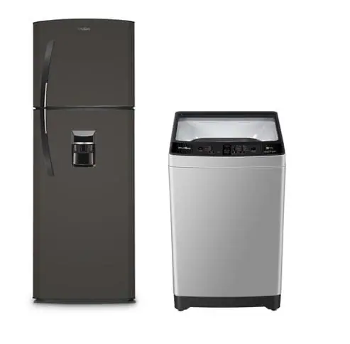 Un Combo Estufa +Nevera No Frost +Lavadora Digital Automática y una lavadora, ambas una al lado de la otra, creando un cómodo espacio para guardar y limpiar la ropa.