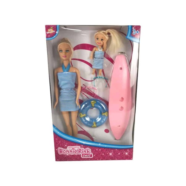 Muñeca Bonnie Pink con su hermanita y Tabla de Surf
