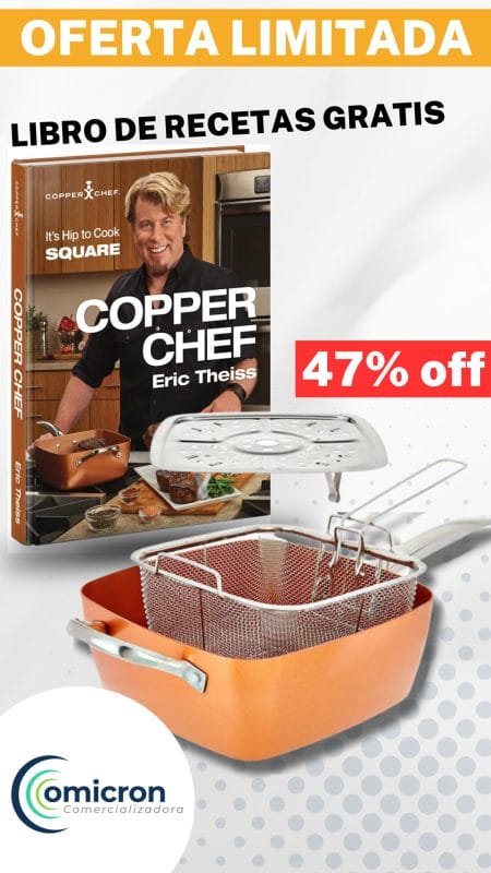 Póster promocional con Eric Theiss para los utensilios de cocina 3 en 1 Copper Chef con una oferta de descuento del 47 % y un libro de recetas gratuito.
