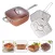 Sartén cuadrada 3 en 1 Copper Chef con tapa, canasta para freír y rejilla para vaporera exhibida junto con imágenes que representan diversos usos culinarios.