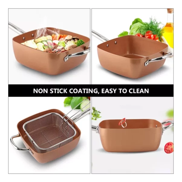 Cuatro imágenes de una sartén cuadrada antiadherente 3 EN 1 Copper Chef: una con comida cocinándose, otra vacía, otra con una canasta de alambre y otra con un alimento volteado. El texto dice "non. Cuatro imágenes de una sartén cuadrada antiadherente 3 EN 1 Copper Chef: una con comida cocinándose, otra vacía, otra con una canasta de alambre y otra con un alimento volteado. El texto dice "non.