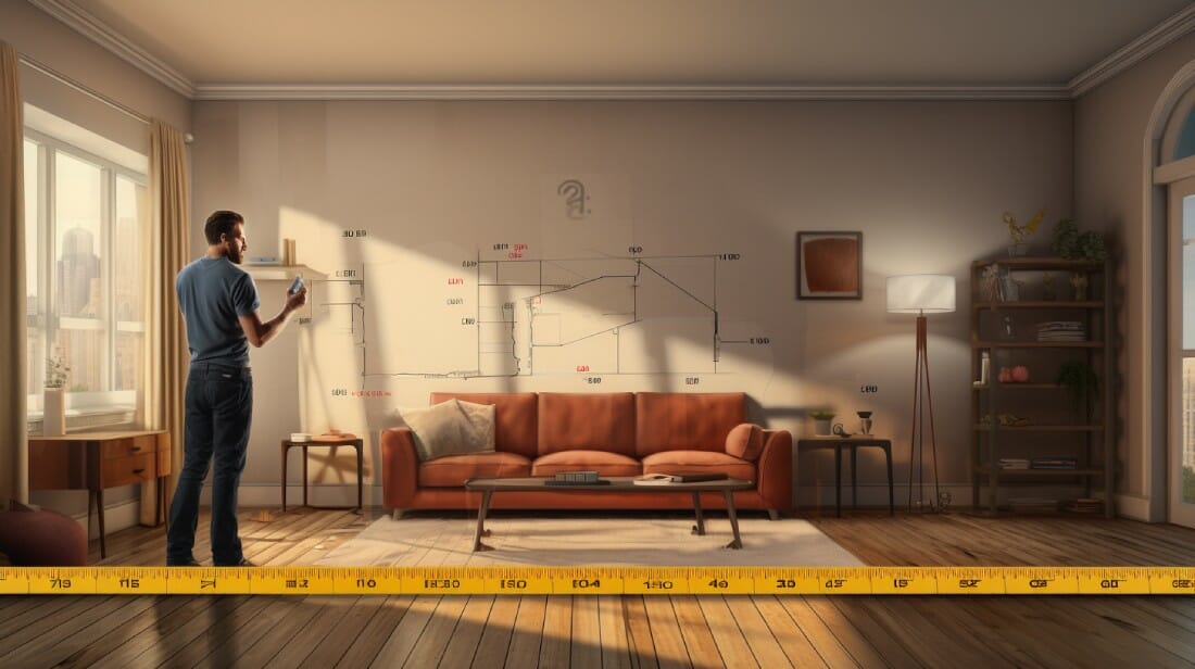 Una guía completa de cómo transformar tu hogar con los muebles adecuados, mostrando a un hombre midiendo una habitación con una cinta métrica.