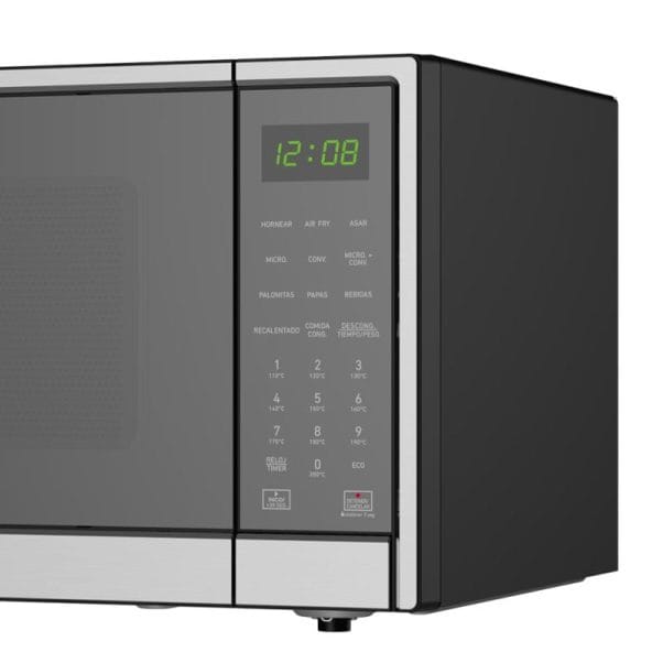 Un Horno Microondas con Air Fryer de 31 Litros Inox Espejo GE - MGE11XAF con un reloj. Un Horno Microondas con Air Fryer de 31 Litros Inox Espejo GE - MGE11XAF con un reloj.