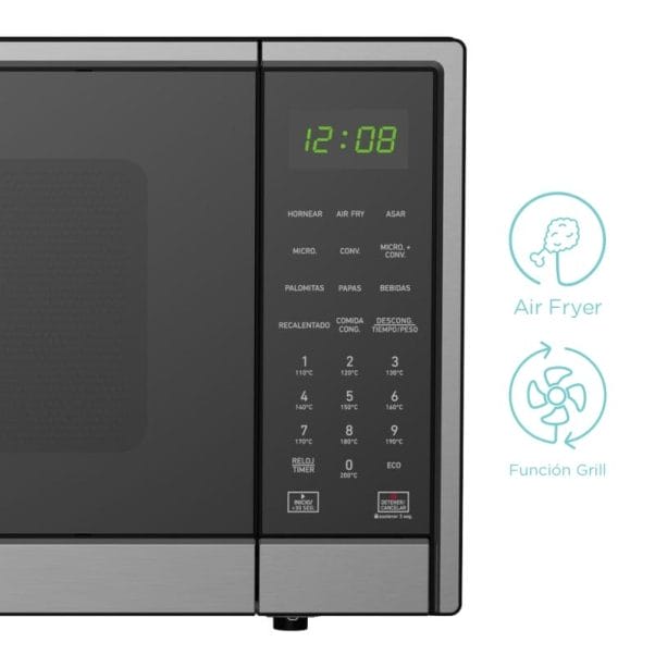 Un Horno Microondas con Air Fryer de 31 Litros Inox Espejo GE - MGE11XAF con un reloj. Un Horno Microondas con Air Fryer de 31 Litros Inox Espejo GE - MGE11XAF con un reloj.