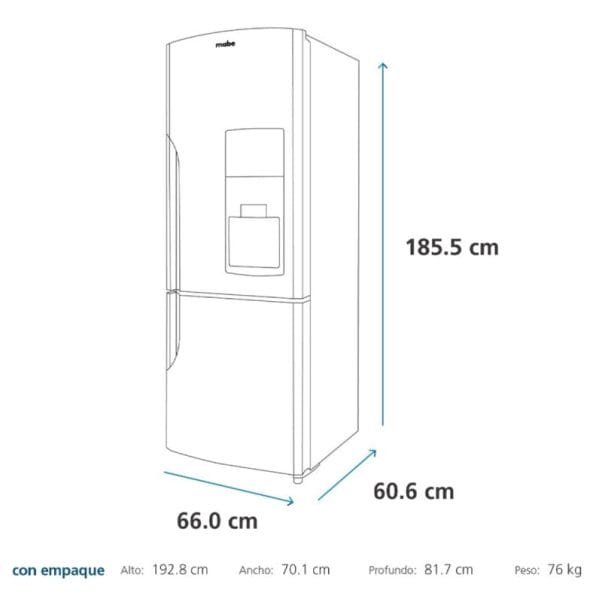 Un diagrama que ilustra las dimensiones de un Congelador Inferior Nevera 400 Lts. Frigorífico Brutos Platinum Mabe - RMB400IABRE0. Un diagrama que ilustra las dimensiones de un Congelador Inferior Nevera 400 Lts. Frigorífico Brutos Platinum Mabe - RMB400IABRE0.