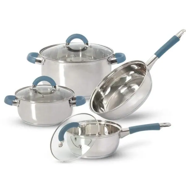Un juego de BATERIA 7 PZAS ACERO INOX ACC SILICONA con tapas de silicona azul.