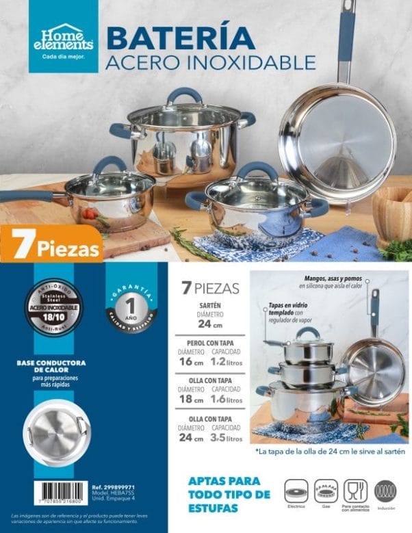 UNA BATERIA 7 PZAS ACERO INOX ACC SILICONA con un juego de ollas y sartenes, fabricada en acero inox. UNA BATERIA 7 PZAS ACERO INOX ACC SILICONA con un juego de ollas y sartenes, fabricada en acero inox.