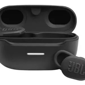 Unos auriculares negros con un estuche JBL Endurance Race - Auriculares inalámbricos con micro - en oreja.