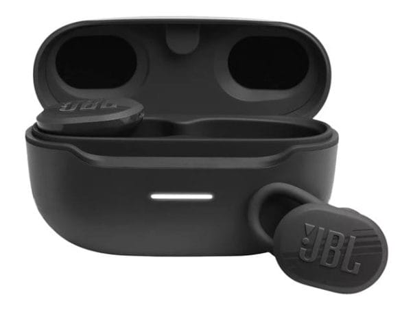 Unos auriculares negros con un estuche JBL Endurance Race - Auriculares inalámbricos con micro - en oreja.