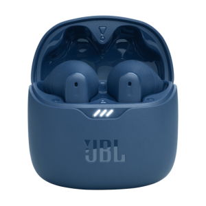 Un JBL TUNE Flex - Auriculares inalámbricos con micro - auriculares de oído azules en un estuche con micrófono incorporado.