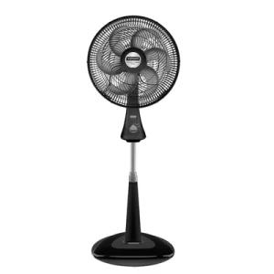 Un ventilador Comfort Maxx Plus 2 en 1 Negro en un soporte con un fondo blanco.