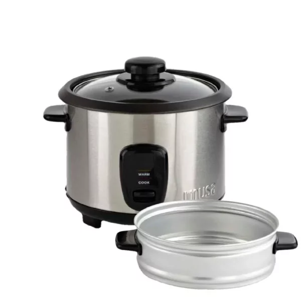 Arrocera IMUSA 5Tazas Acero Inox con tapa de cristal y panel de control negro, acompañado de una olla interior adicional. Arrocera IMUSA 5Tazas Acero Inox con tapa de cristal y panel de control negro, acompañado de una olla interior adicional.