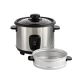 Arrocera IMUSA 5Tazas Acero Inox con tapa de cristal y panel de control negro, acompañado de una olla interior adicional.