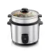 Arrocera IMUSA 5Tazas Acero Inox con tapa transparente que contiene verduras, aisladas sobre fondo blanco.