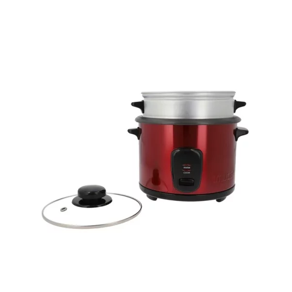 Multicocción eléctrica de color rojo con tapa transparente sobre fondo blanco, funcionando como Olla Arrocera IMUSA 5 Tazas Acero Roja. Multicocción eléctrica de color rojo con tapa transparente sobre fondo blanco, funcionando como Olla Arrocera IMUSA 5 Tazas Acero Roja.