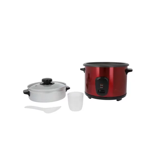 Dos Olla Arrocera IMUSA 5 Tazas Acero Roja, una y otra blanca, con un vaso medidor y una cuchara de arroz, aisladas sobre fondo blanco. Dos Olla Arrocera IMUSA 5 Tazas Acero Roja, una y otra blanca, con un vaso medidor y una cuchara de arroz, aisladas sobre fondo blanco.