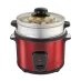 Rojo Olla Arrocera IMUSA 5 Tazas Acero Roja con tapa transparente, mostrando verduras cociéndose en su interior, sobre fondo blanco. Este modelo es perfecto para comidas pequeñas y medianas.
