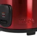 Primer plano de una Olla Arrocera IMUSA 5 Tazas Acero Roja roja que muestra las configuraciones de "calentar" y "cocinar" y el logotipo de la marca grabado en la superficie.