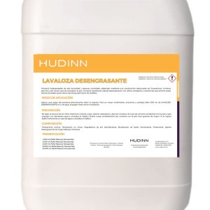 Un gran contenedor blanco con la etiqueta "Hudinn Lavaloza Desengrasante AUTO-DRAFT". La etiqueta incluye instrucciones, composición y consejos de precaución en español.