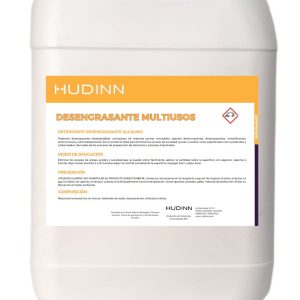 Un envase grande de color blanco con una etiqueta que dice "DESENGRASANTE MULTIUSOS" de la marca "HUDINN". La etiqueta AUTO-DRAFT incluye instrucciones de uso, advertencias y otra información del producto.