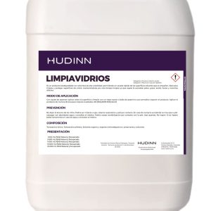 Un contenedor blanco con una etiqueta morada y blanca que dice "Hudinn Limpiavidrios AUTO-DRAFT". El producto parece ser un limpiacristales con instrucciones de aplicación e información de seguridad proporcionadas.