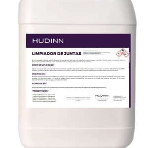 Un contenedor blanco con la etiqueta "HUDINN Limpiador de Juntas" presenta instrucciones detalladas y advertencias de seguridad en español. La parte inferior de la etiqueta ofrece detalles del AUTO-BORRADOR sobre aplicación, prevención, composición y presentación.