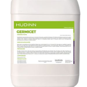 Un recipiente grande de plástico blanco con una etiqueta verde que dice "Germicet 20 litros - Desinfectante ácido peracético". La etiqueta, escrita en español, incluye instrucciones detalladas e información sobre el desinfectante.