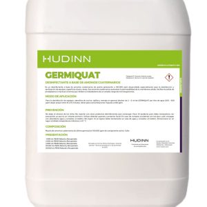 Un contenedor blanco de desinfectante Hudinn Germiquat, con una etiqueta verde y blanca que detalla su uso e información de seguridad, está listo para el reabastecimiento automático.