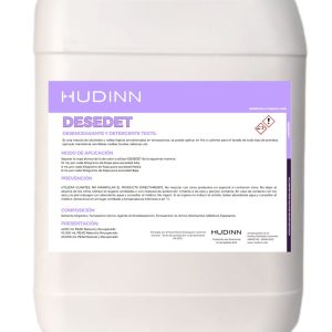 Envase blanco grande con la etiqueta "Hudinn Desedet" con instrucciones de uso, precauciones y detalles de composición de AUTO-DRAFT en español.