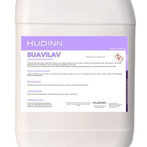 Envase de plástico blanco con la etiqueta "Suavilav 20 litros - Suavizante textil" con una etiqueta morada. Contiene 20 litros de suavizante, Suavizante textil, con instrucciones de seguridad e información de manejo.