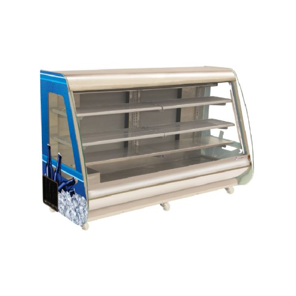 La Vitrina para bebidas de 30 pies cúbicos ofrece un mostrador refrigerado vacío con un frente de vidrio, ideal para exhibir bebidas. Sus estantes y paneles laterales están decorados con atractivos gráficos de hielo.