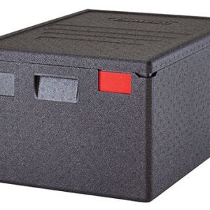 El Contenedor Isotérmico con Tapa Superior GoBox 80 litros es un recipiente rectangular negro con superficie texturizada, que presenta dos pequeñas asas, una de ellas con un detalle rojo.