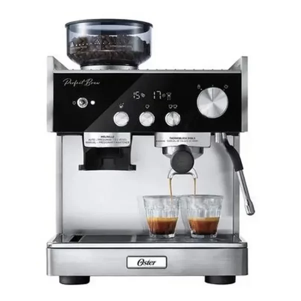 La máquina de café espresso automático Oster molino, fabricada en acero inoxidable, prepara dos tazas perfectas gracias a su molinillo incorporado y a sus diversas perillas de control.