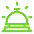 Icono verde de una campana de servicio con líneas a su alrededor, sugiriendo atención o notificación, sobre un fondo gris claro-ideal para representar Equipos Industriales y sistemas de alerta.