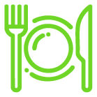 Dibujo lineal en verde de un tenedor, un plato y un cuchillo dispuestos para indicar una comida, ideal para marcas relacionadas con Equipos Industriales en el sector de la restauración.