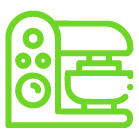 Icono con contorno verde de una batidora de pie con un bol para mezclar, mandos de control y diales sobre un fondo claro, ideal para mostrar Equipos Industriales.