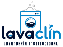 Logotipo para "Lavaclin Lavandería Institucional" con un gráfico de lavadora con burbujas encima, gotas de agua integradas en el texto y un sutil guiño a los equipos industriales para darle un toque profesional.