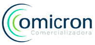 Logotipo con la palabra "Omicron" en líneas circulares azules y verdes a la izquierda, "Comercializadora" en texto gris más pequeño debajo, que representa una empresa de equipos industriales.