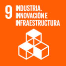 Cuadrado naranja con un número 9 en blanco, el texto "Industria, innovación e infraestructura" y tres contornos de cubos blancos entrelazados debajo, que representan el papel de los equipos industriales en la construcción de infraestructuras innovadoras.
