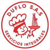 Logotipo circular rojo y blanco para DUFLO S.A.S. Servicios Integrales, con un chef sosteniendo una bandeja con una plataforma petrolífera, que refleja la experiencia de la empresa en Equipos Industriales.