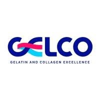Logotipo con la palabra "GELCO" en azul, líneas curvas en rosa y cian a través de la "E", y el eslogan "Gelatin and Collagen Excellence" debajo, ideal para marcas especializadas en equipos industriales.