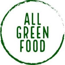 Un contorno circular verde con las palabras "ALL GREEN FOOD" en letras mayúsculas verdes en negrita en el interior, que evocan frescura y sostenibilidad, ideal para la marca Equipos Industriales especializada en soluciones ecológicas.