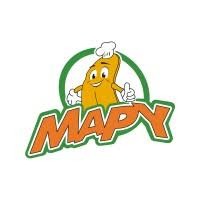 Una empanada de dibujos animados con gorro de cocinero levanta el pulgar sobre la palabra "MAPY" en letras naranjas y verdes en negrita, destacando su experiencia en Equipos Industriales.