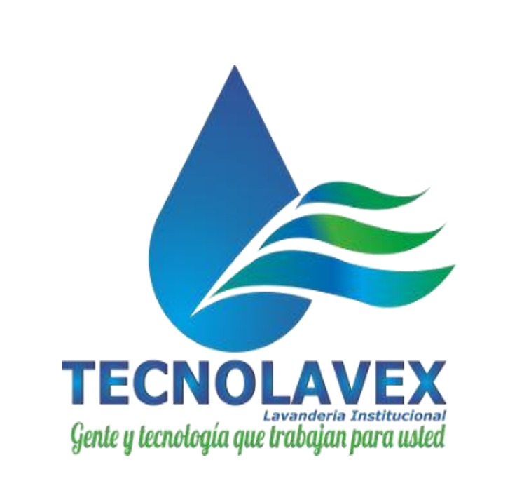 Logotipo de TECNOLAVEX Lavandería Institucional con una gota de agua azul con líneas onduladas verdes y azules, representando Equipos Industriales, y el lema "Gente y tecnología que trabajan para usted" debajo.